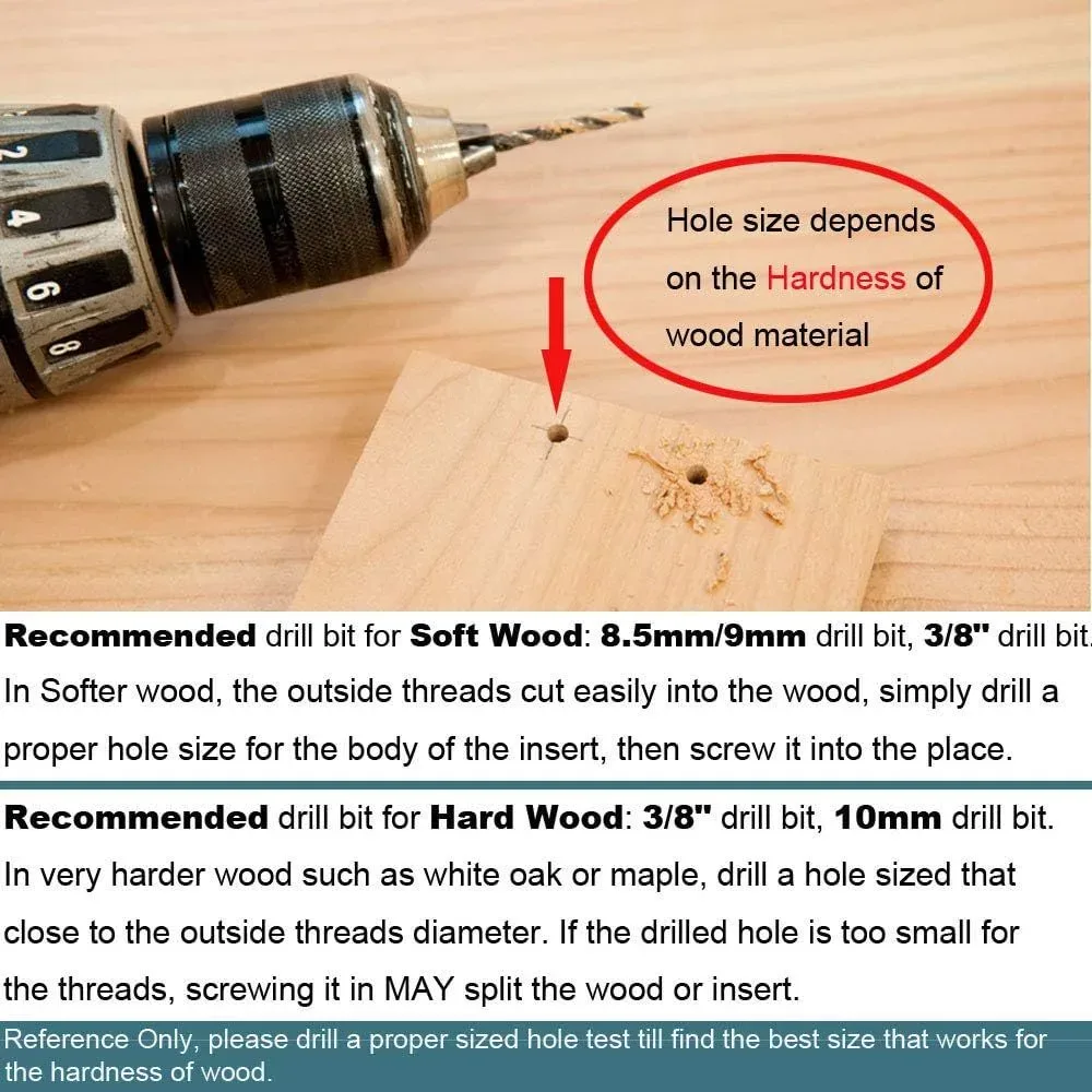 Drill bit sizes for threaded inserts for wood in soft and hard wood