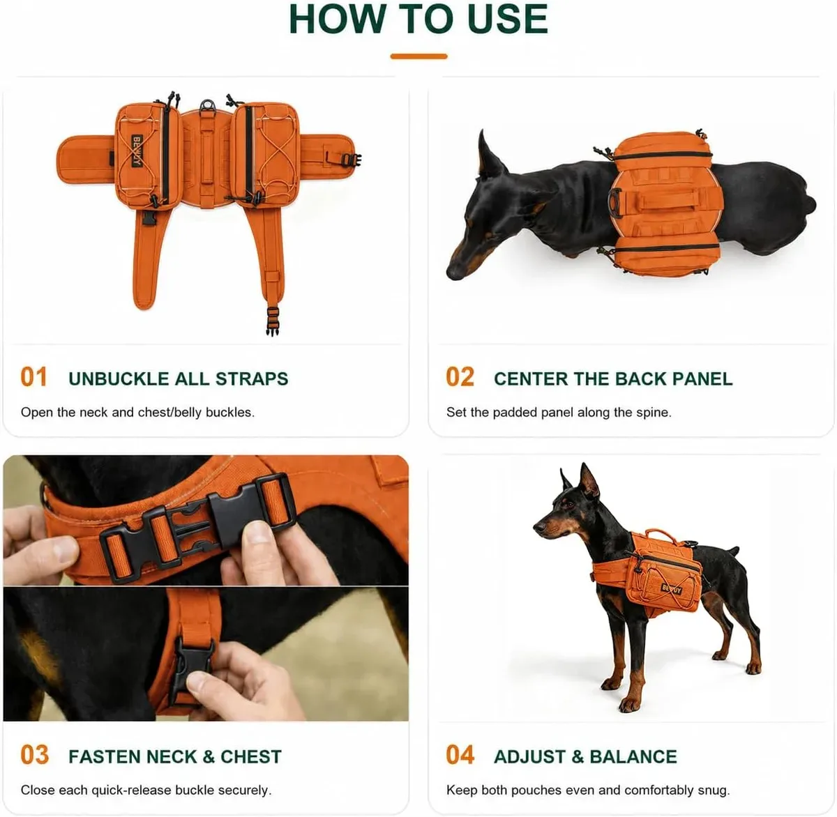 Four steps to put on the tactical dog backpack harness