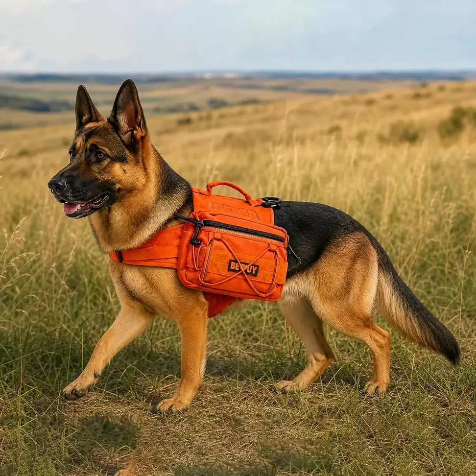 Dog hiking a trail in the tactical dog backpack harness