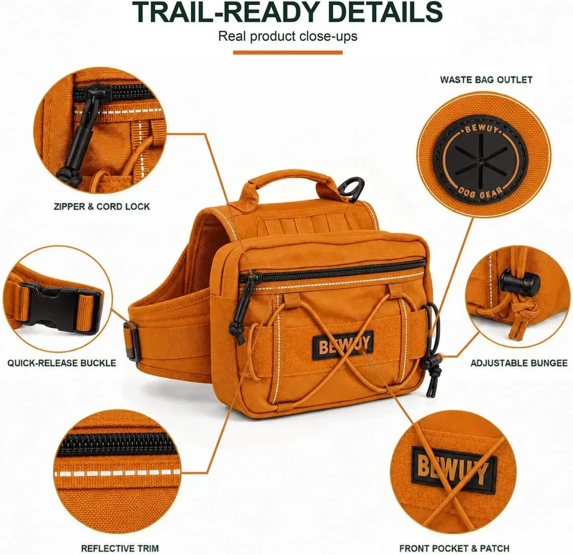 Pockets, loops and padding on the tactical dog backpack harness