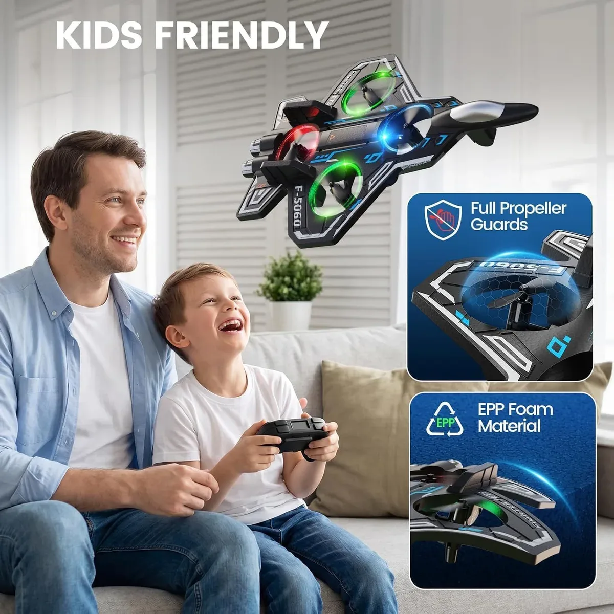 Kid-friendly RC plane with full propeller guards