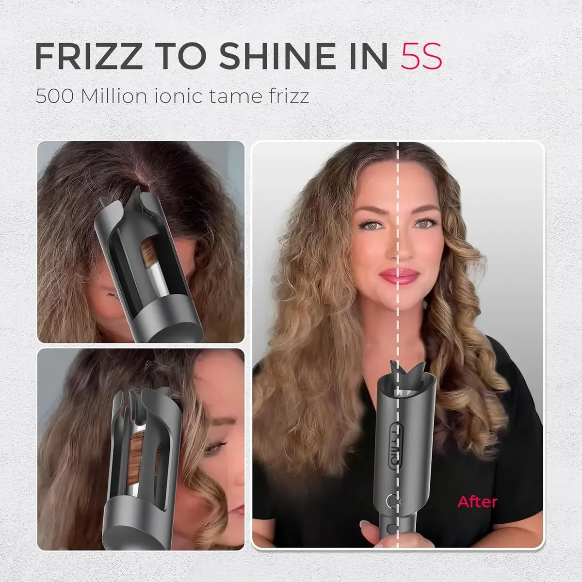 Frizzy hair before and shiny waves after the automatic curling iron