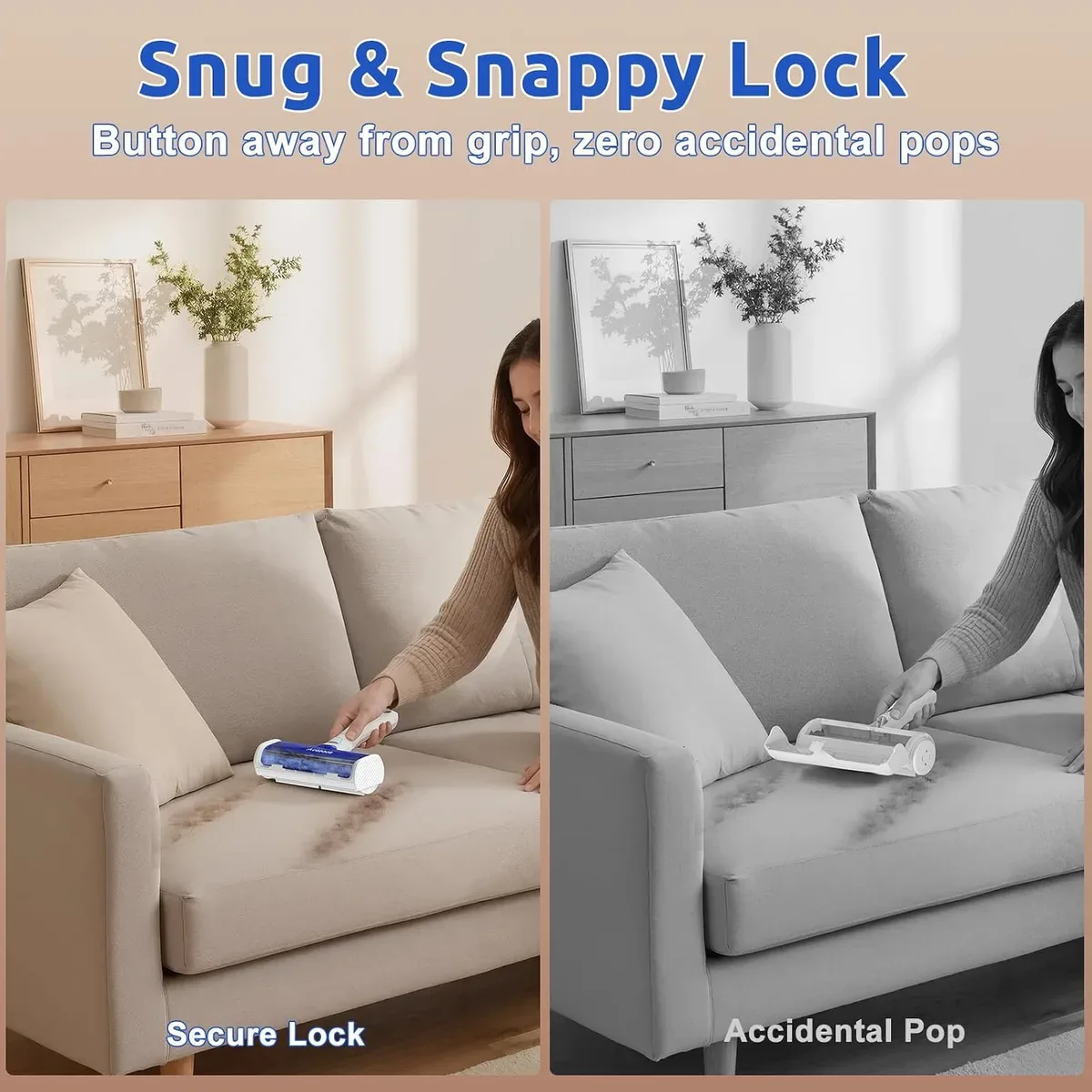 Pet hair remover roller cleaning fur off a fabric sofa