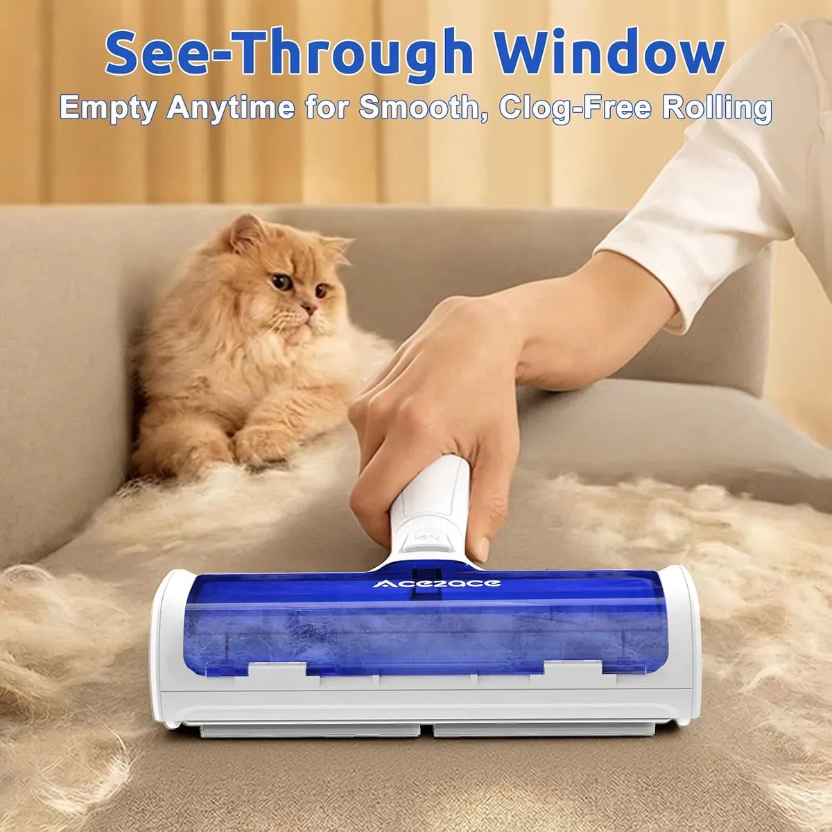 Translucent bin of the pet hair remover roller showing trapped fur
