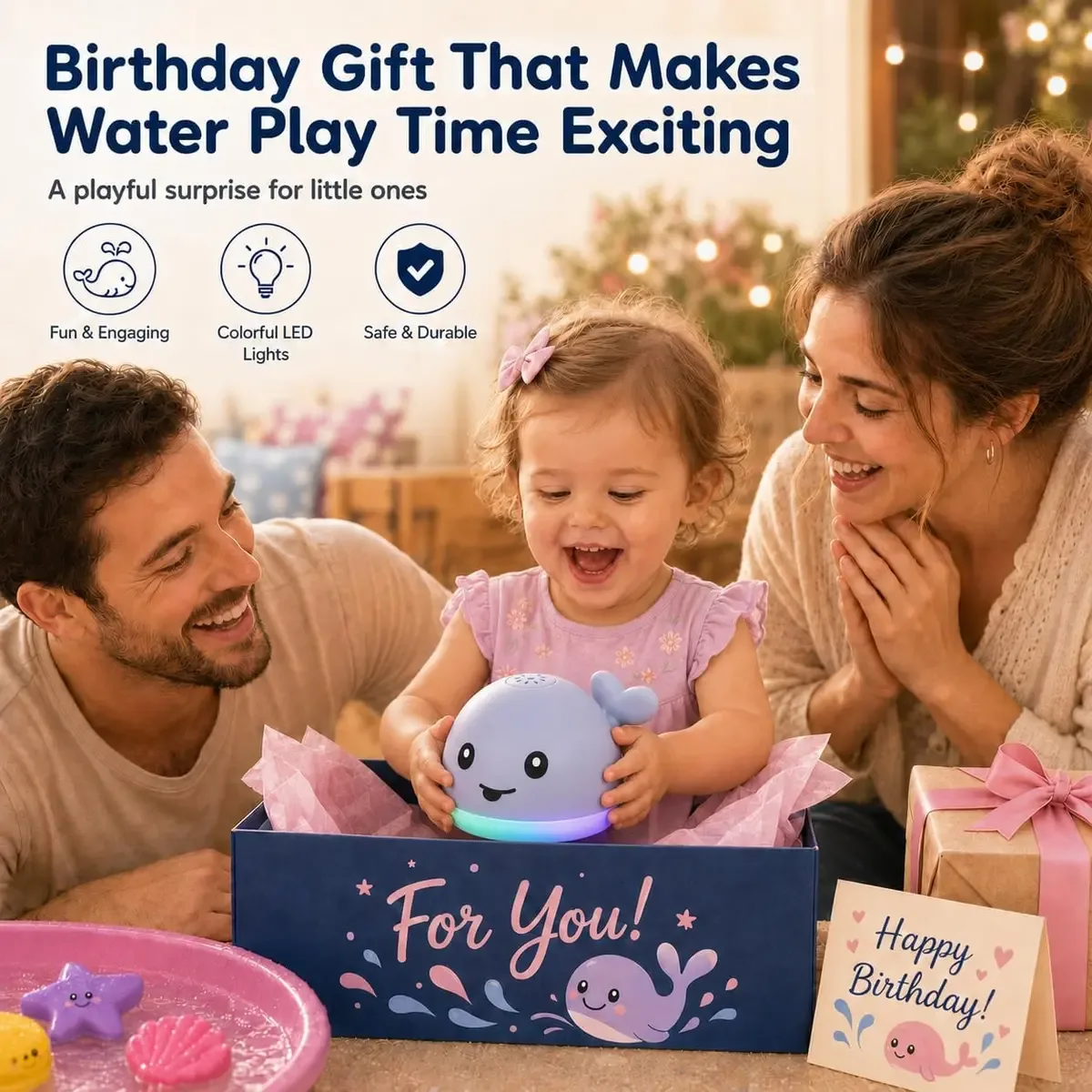 Whale bath toy presented as a birthday gift for a toddler