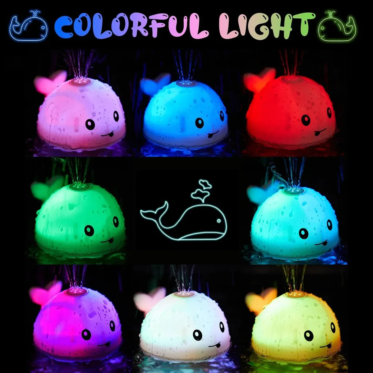 Whale bath toy glowing in different colors in the water