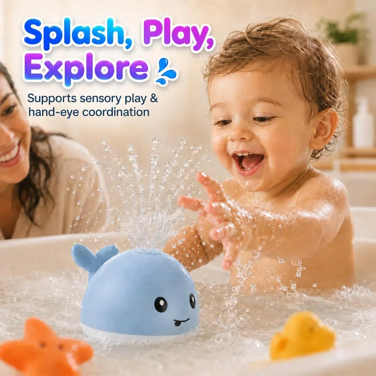 Toddler splashing and playing with the whale bath toy