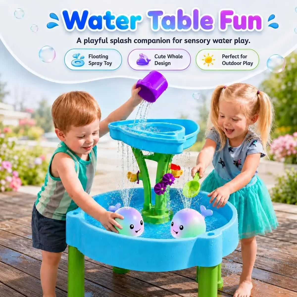 Whale bath toy spraying water on an outdoor water table