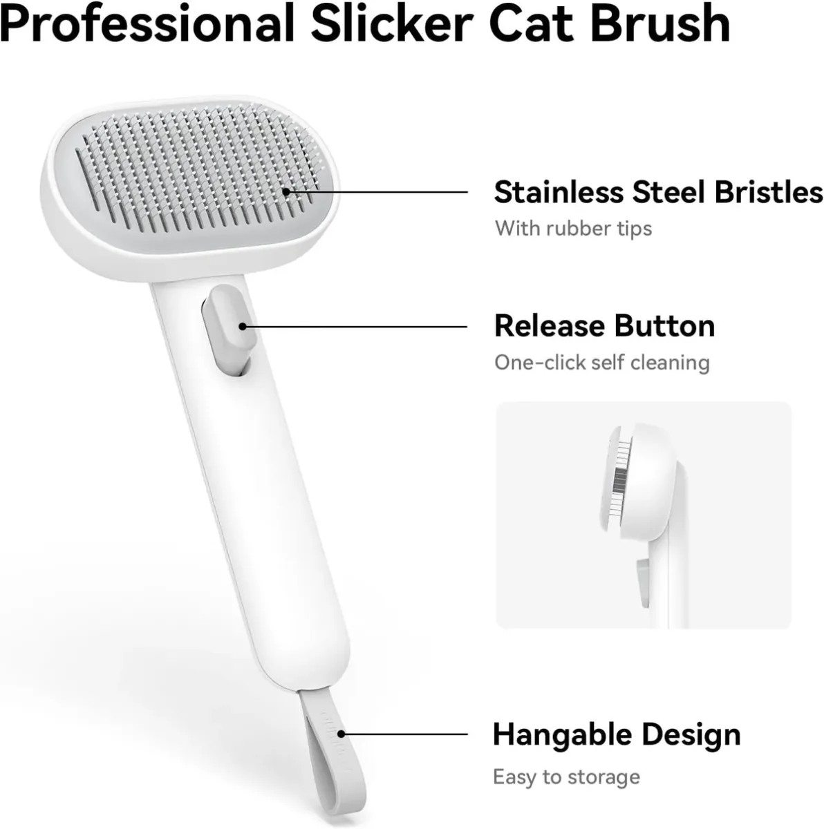 Self-cleaning cat brush features: steel pins and release button