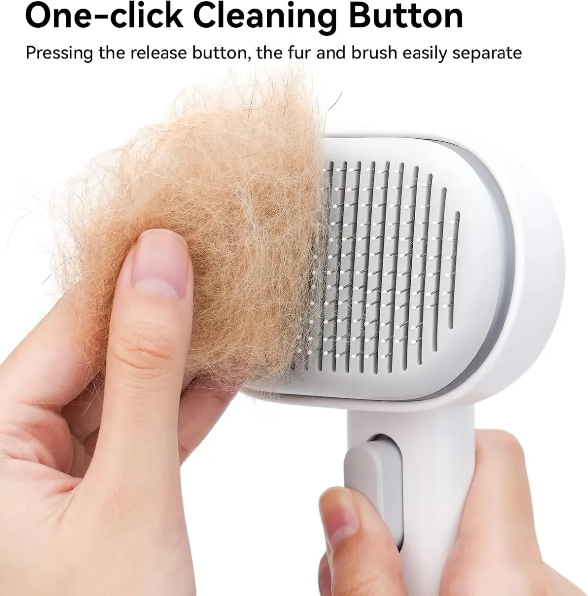 Pressing the button to release fur from the self-cleaning cat brush