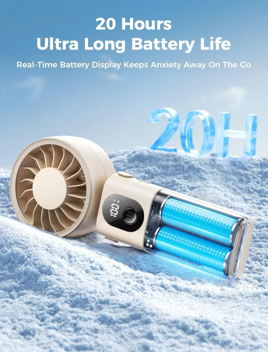 Portable handheld fan battery runtime of up to 20 hours