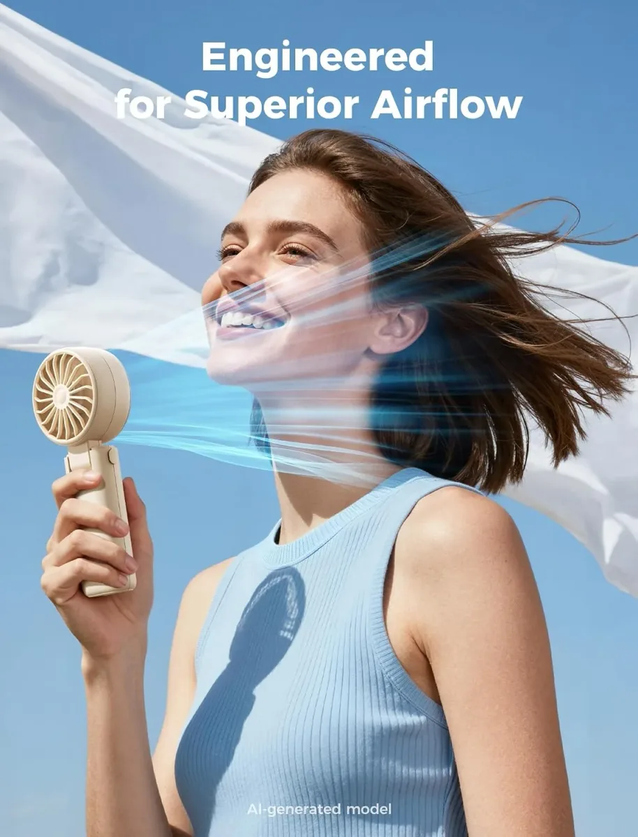 Woman cooling off outdoors with a portable handheld fan