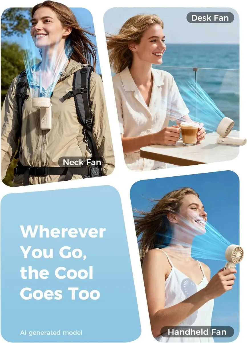 Portable handheld fan used as a neck fan, desk fan and handheld fan