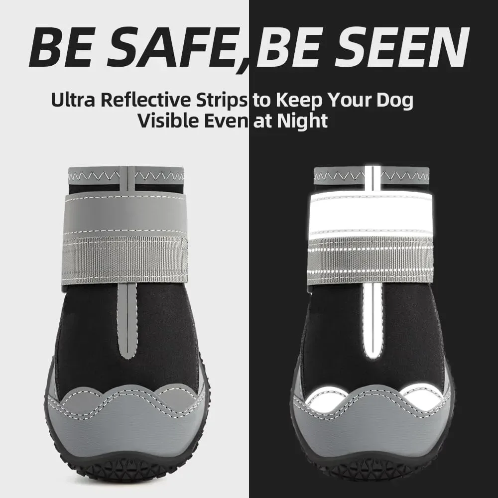 Anti-slip dog boots with reflective strips glowing at night