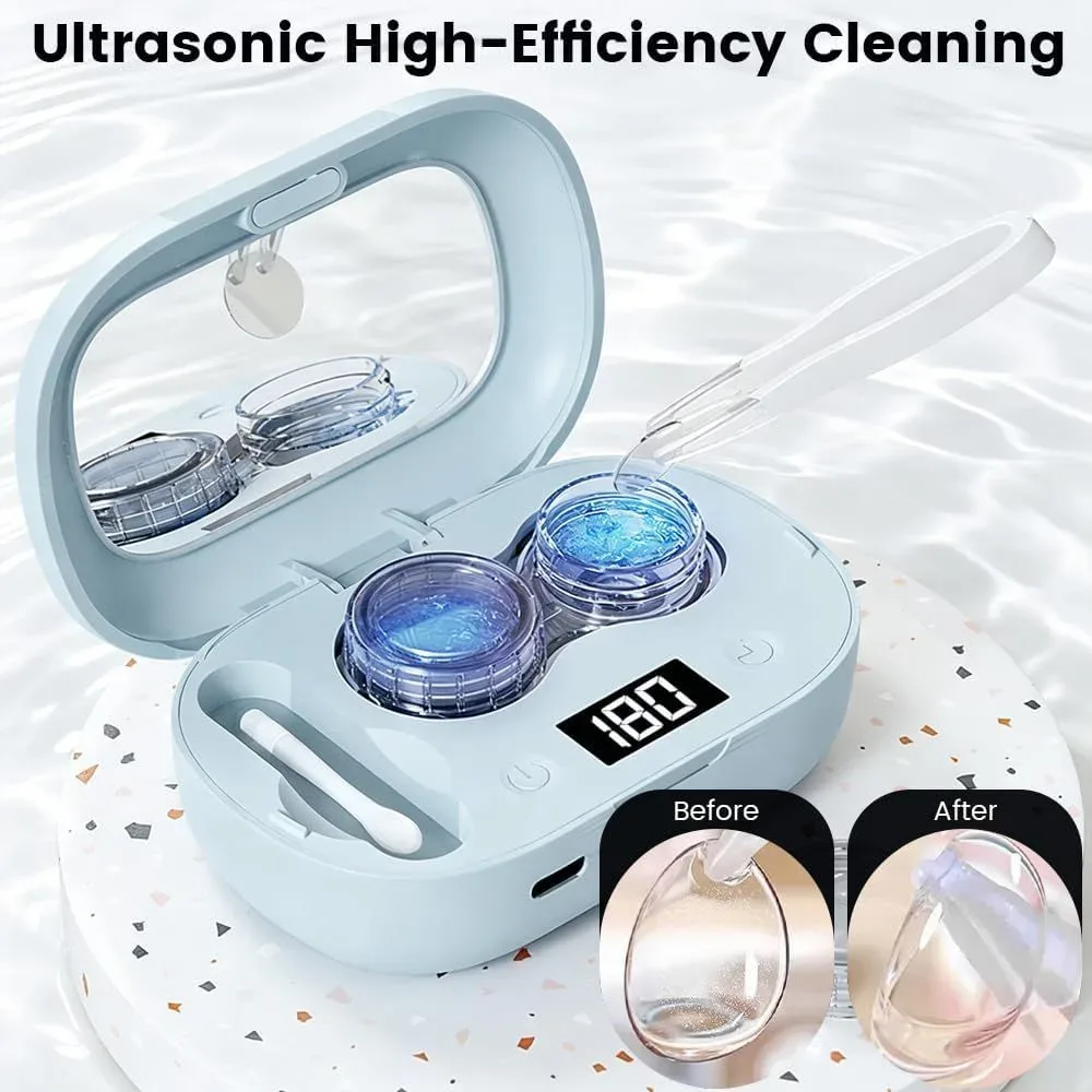Ultrasonic contact lens cleaner vibrating deposits off a lens