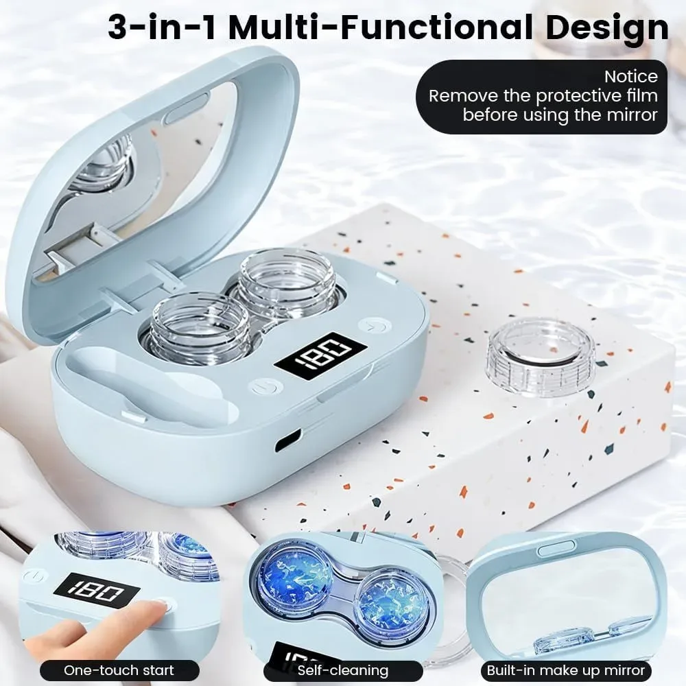 Ultrasonic contact lens cleaner with mirror and storage cases