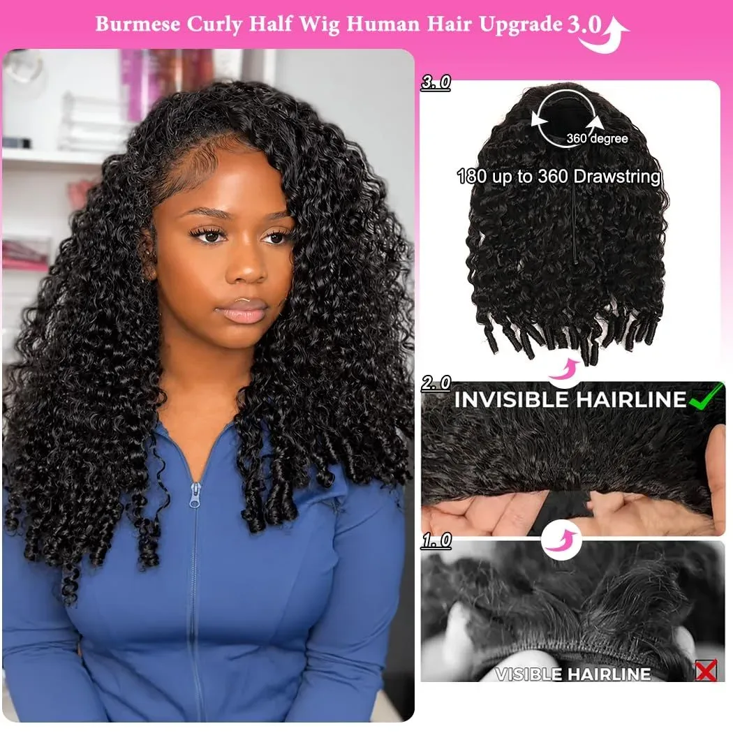 Drawstring cap and hidden join of the curly half wig human hair