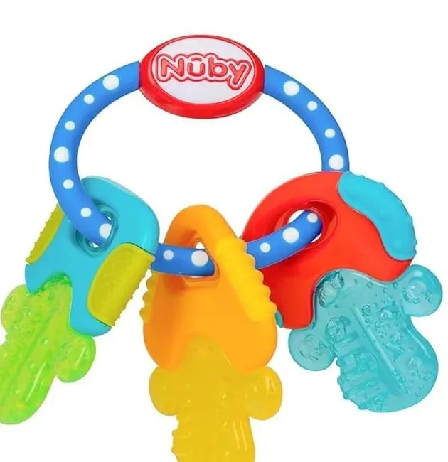 Close-up of the colorful cooling teether keys on their ring