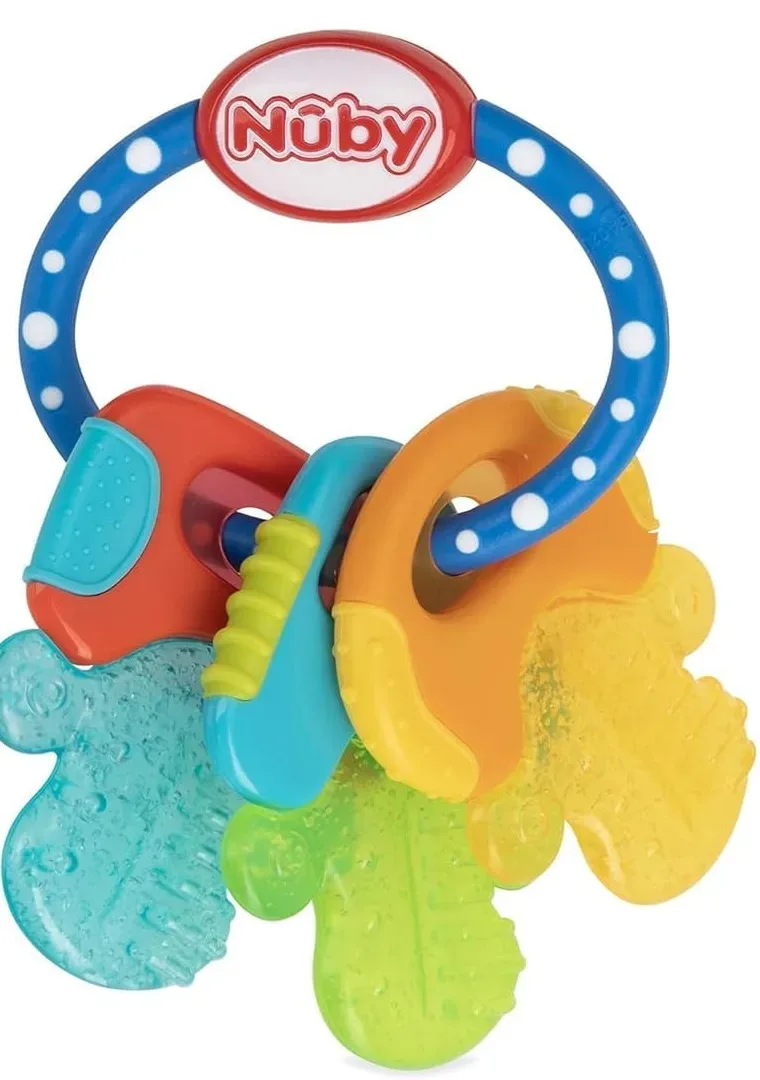 Detail of the gel-filled cooling teether keys and their textures