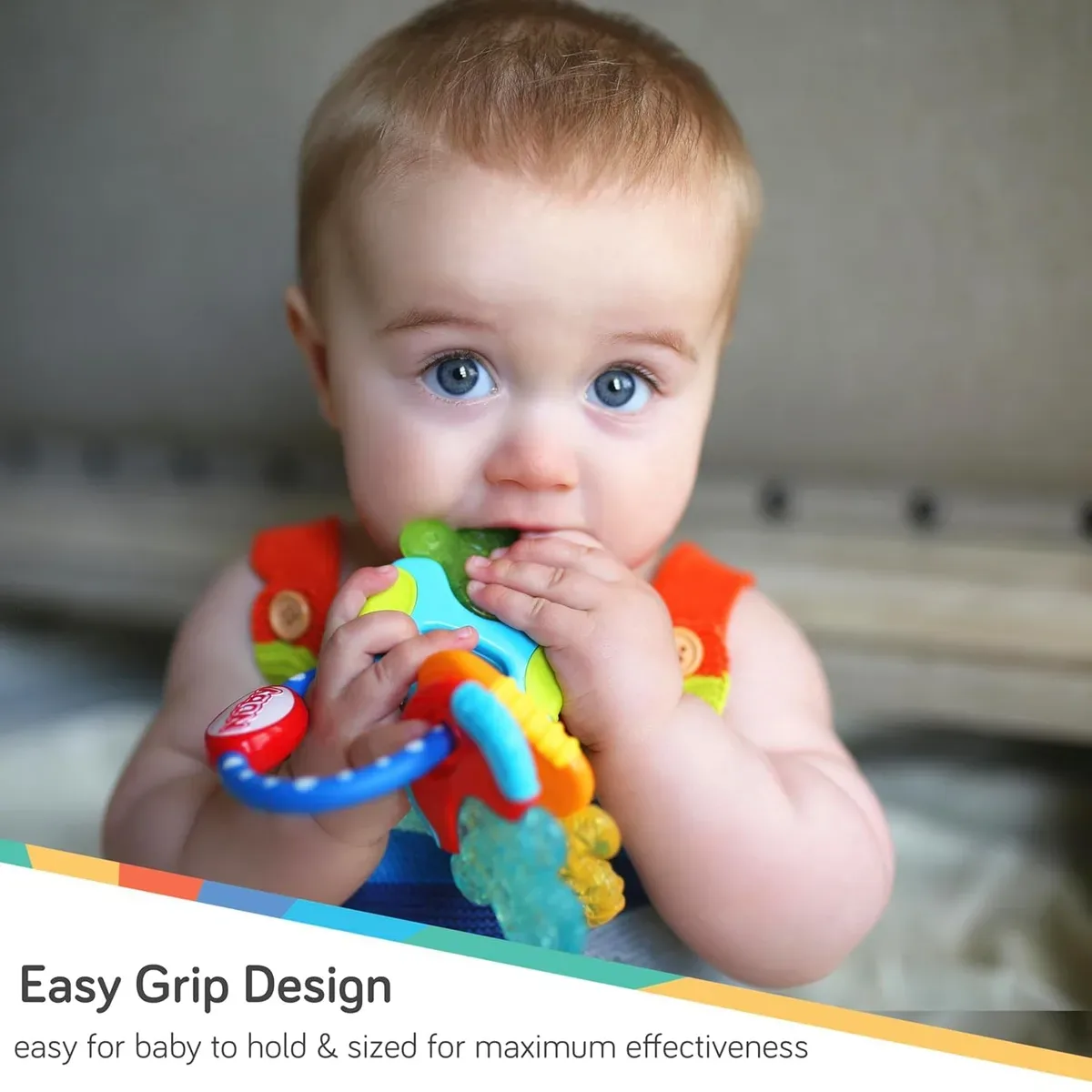 Cooling teether keys with an easy-grip ring sized for little hands