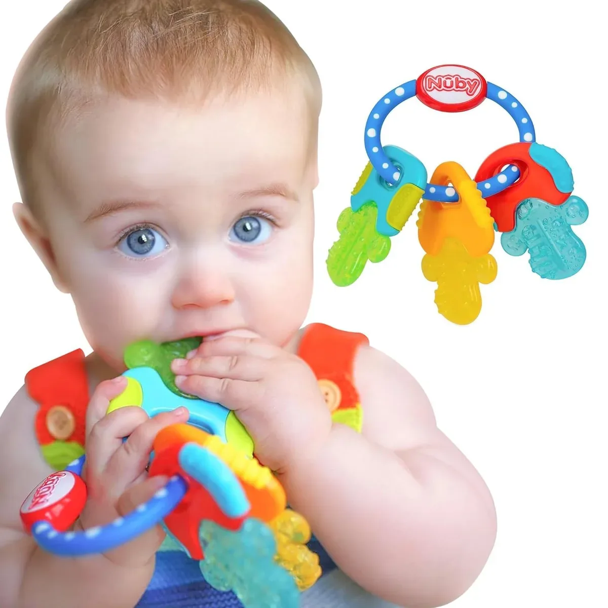 Happy baby playing with the bright cooling teether keys