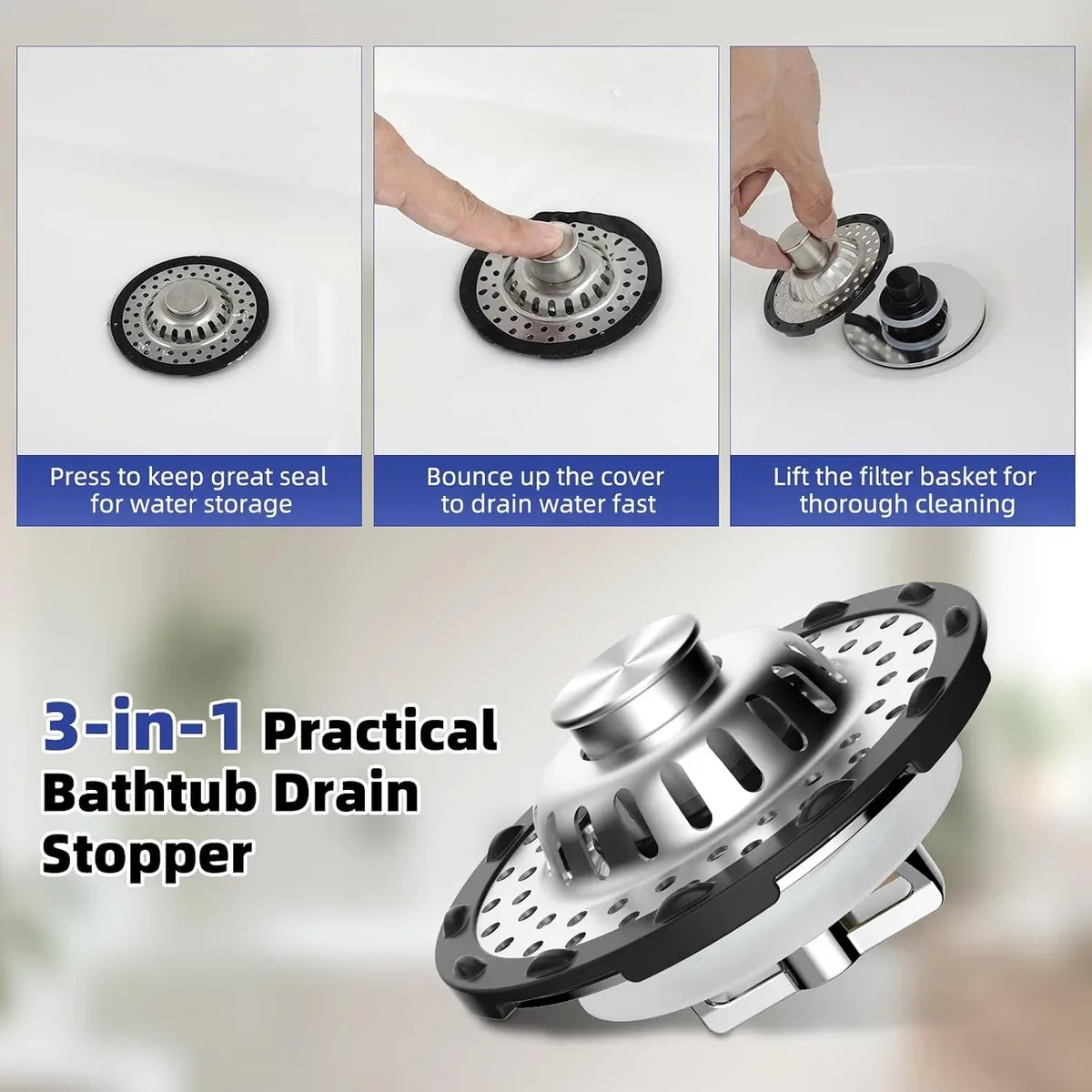 Bathtub drain stopper showing hold water, drain and filter modes