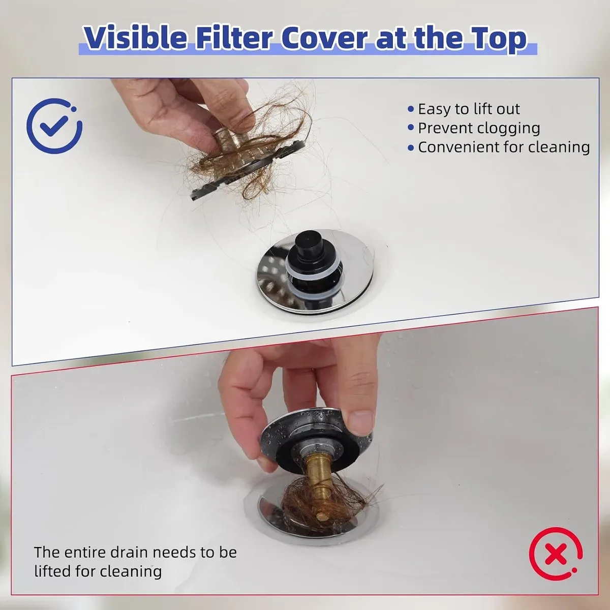 Filter cover lifted off the bathtub drain stopper for rinsing