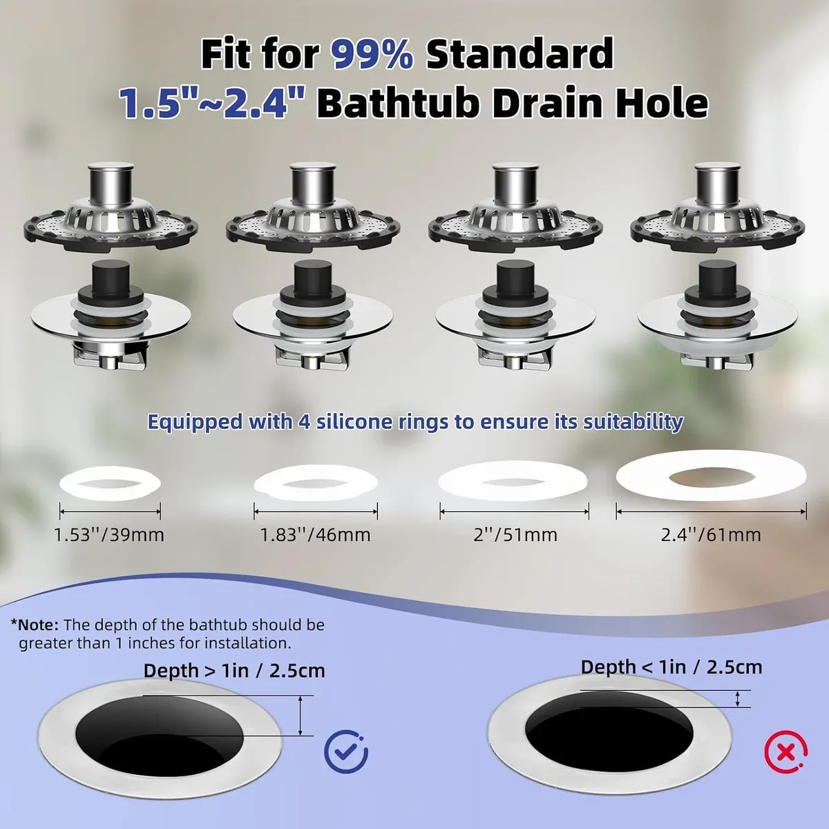 Bathtub drain stopper sizes with silicone rings for standard drains