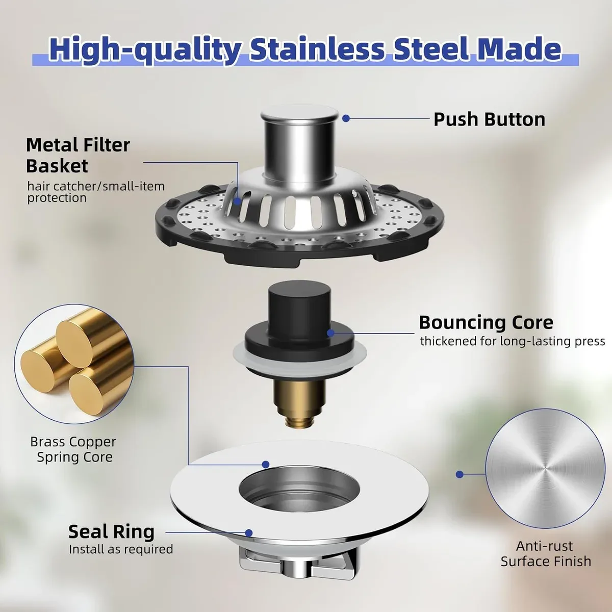 Stainless steel parts and push button of the bathtub drain stopper
