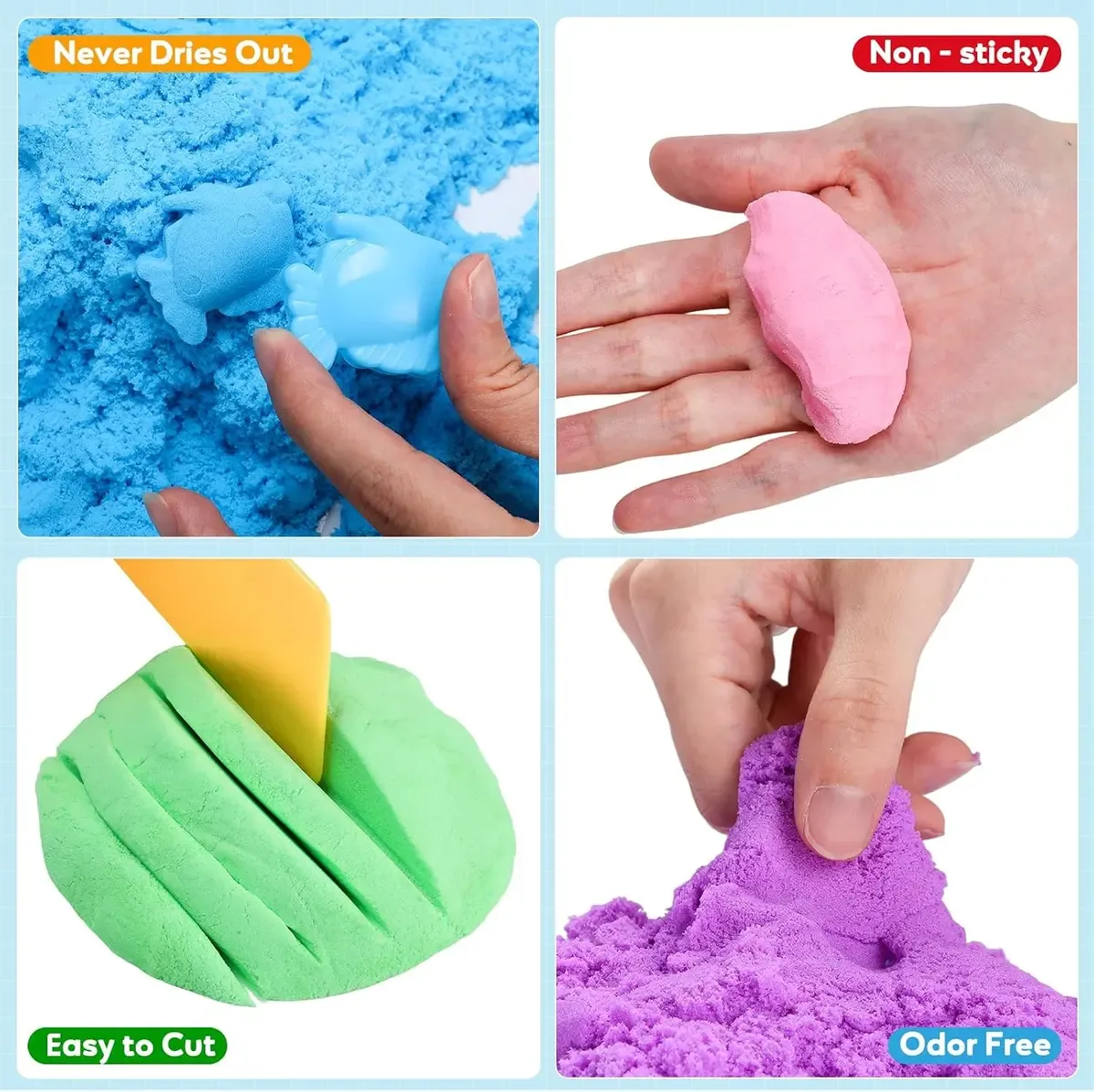 Child cutting and shaping kinetic play sand