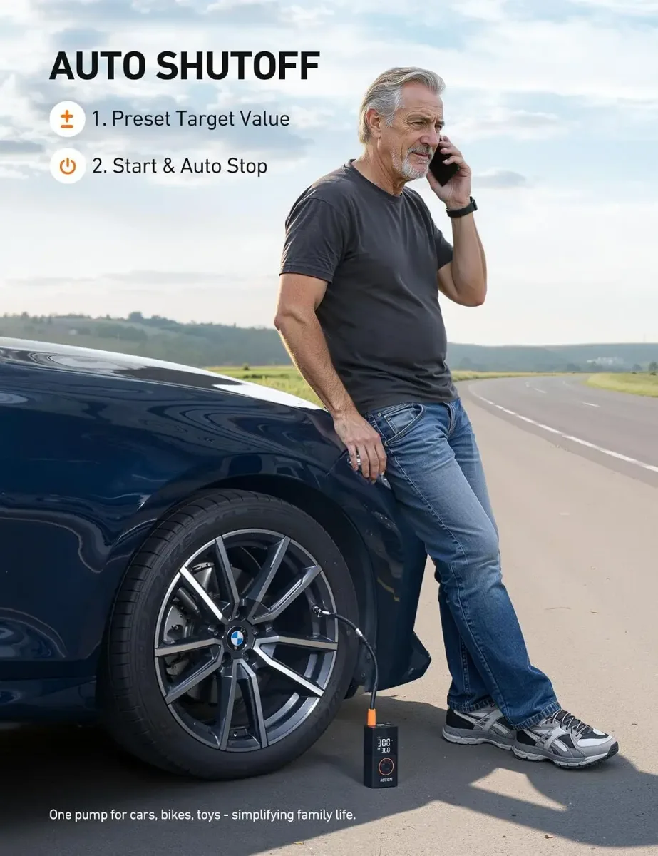 Cordless tire inflator stopping automatically at the set pressure