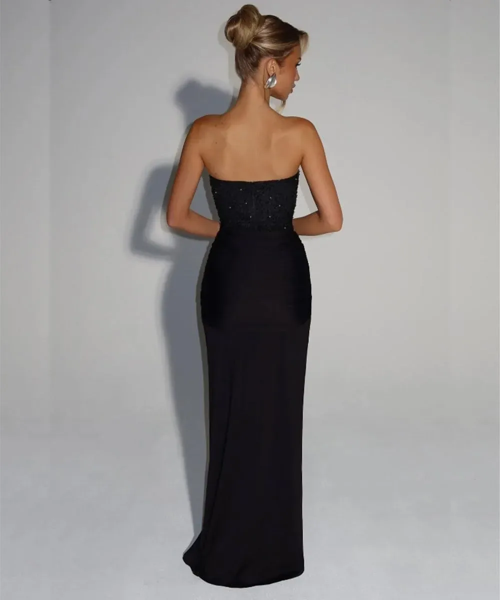 Back view of the strapless corset maxi dress mermaid silhouette