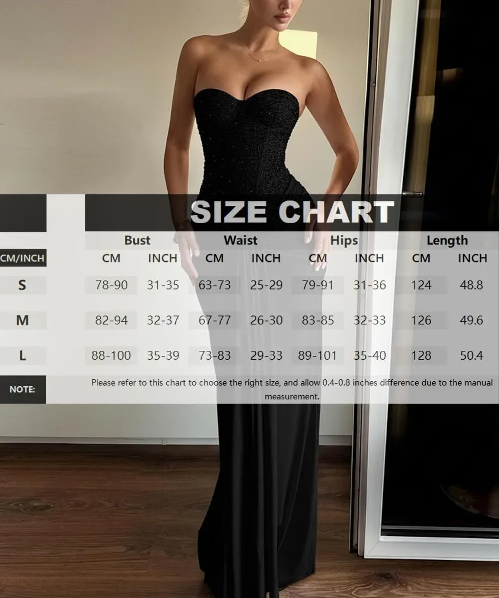 Size chart for the strapless corset maxi dress, S to L