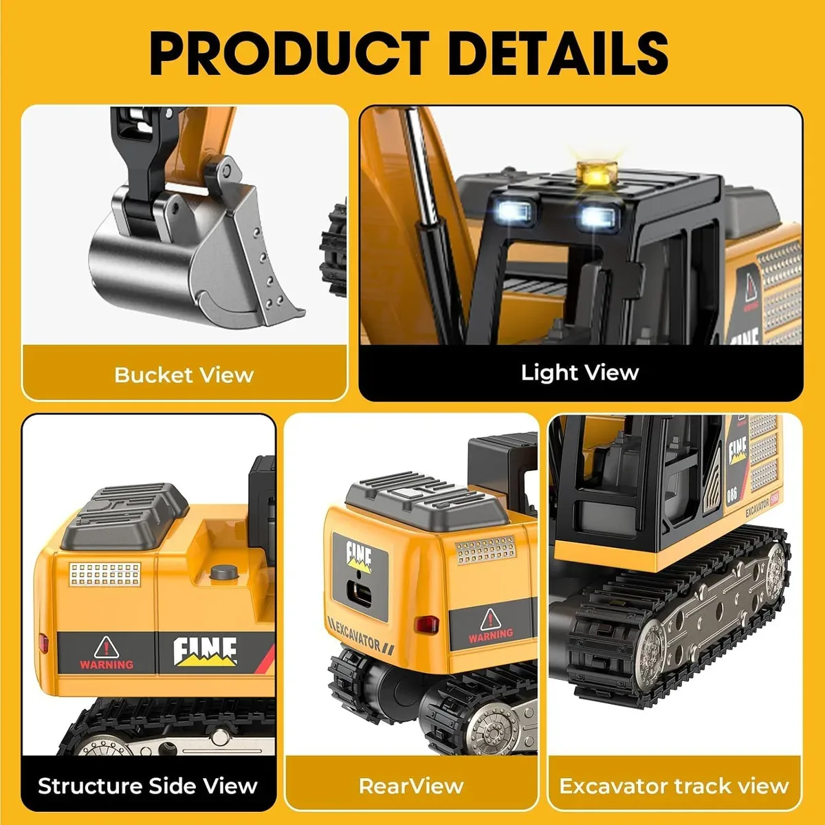 Bucket, LED light and track details on the mini RC excavator