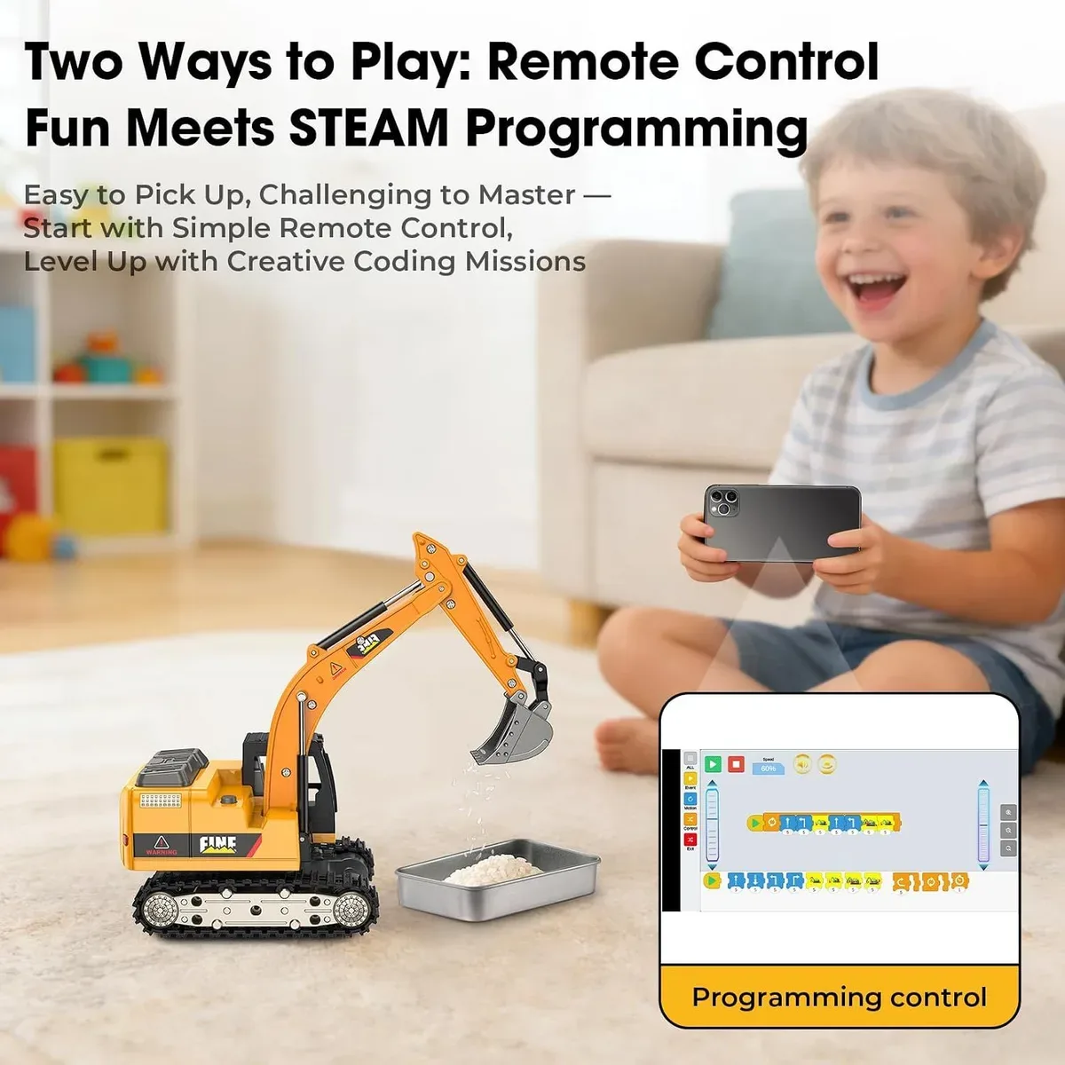 Mini RC excavator controlled by remote and coding app