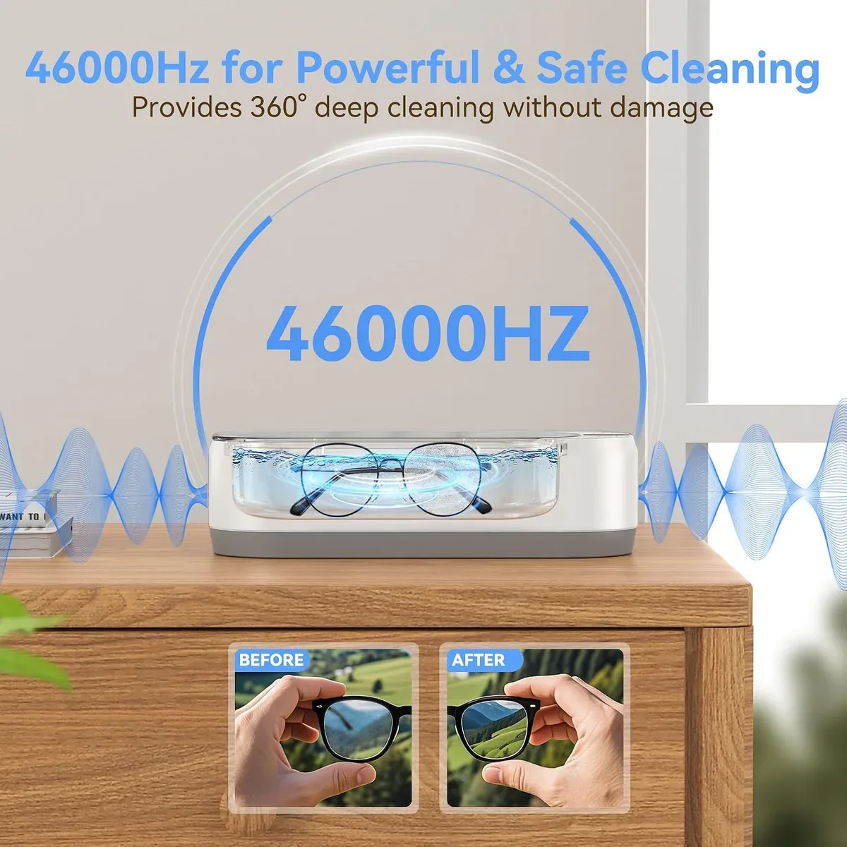 46kHz waves inside the ultrasonic jewelry cleaner lifting dirt off a ring