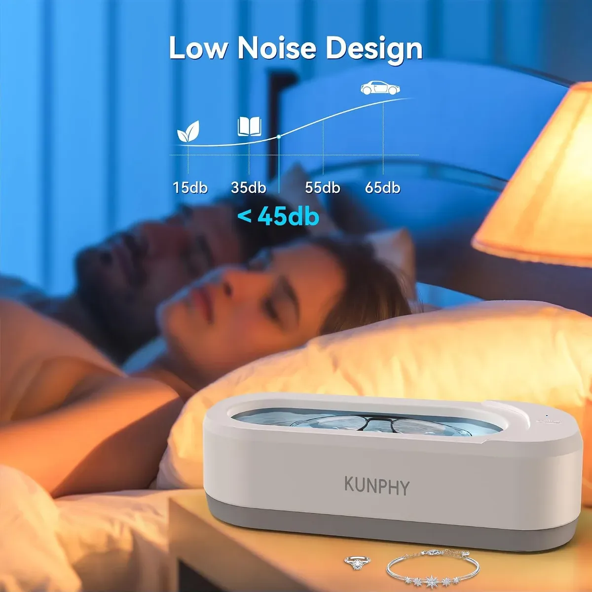 Quiet ultrasonic jewelry cleaner running on a nightstand at night