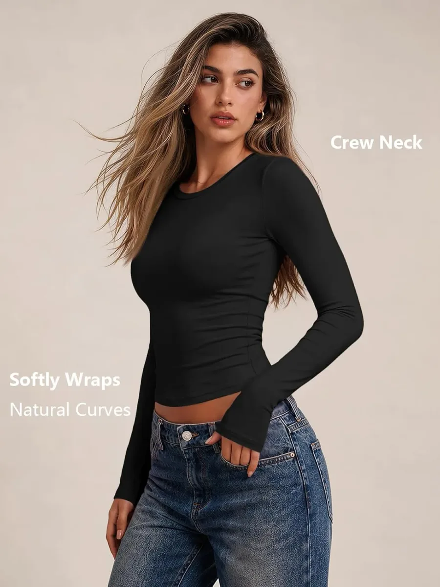 Crew neck detail of the long sleeve fitted t-shirt