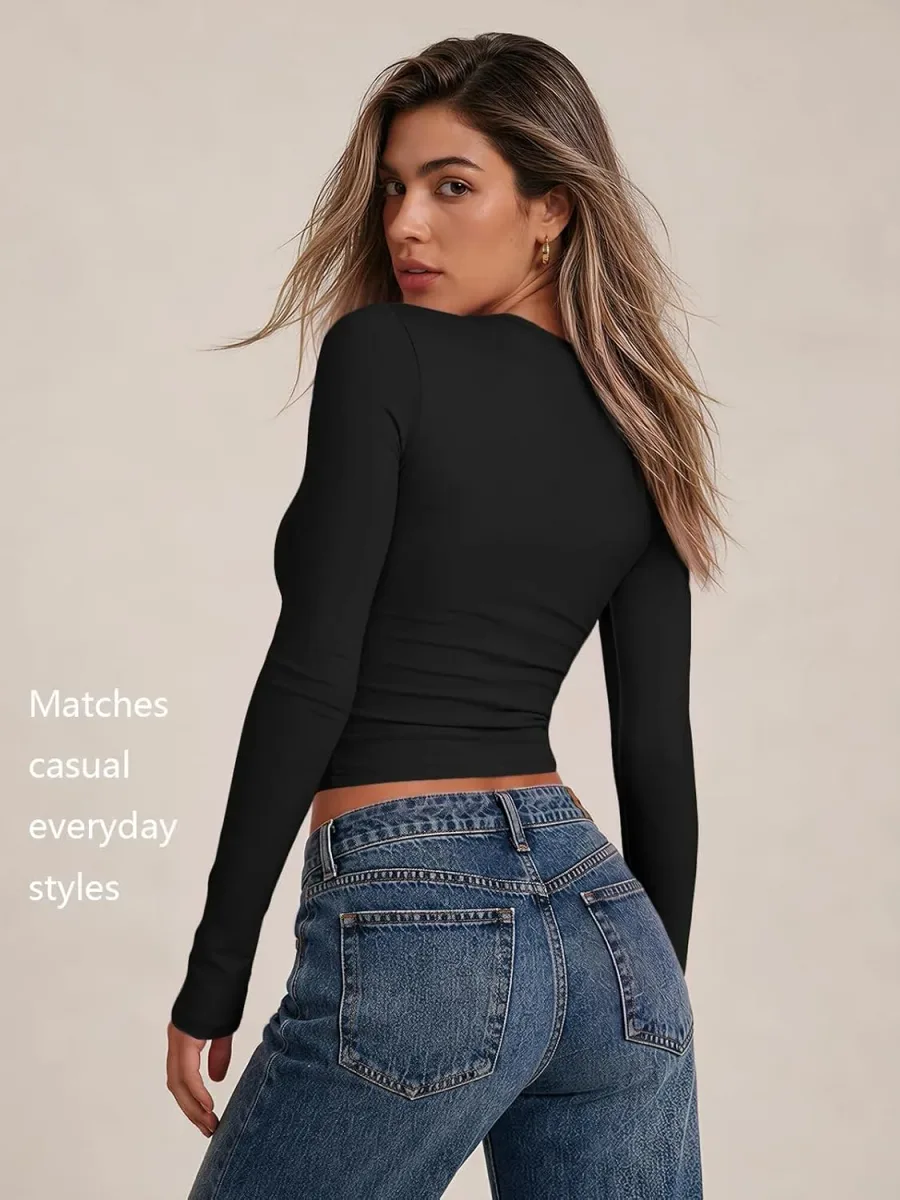 Slim silhouette of the long sleeve fitted t-shirt on a model