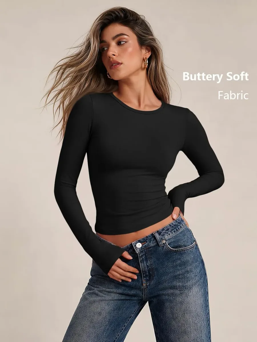 Close-up of the soft fabric on the long sleeve fitted t-shirt