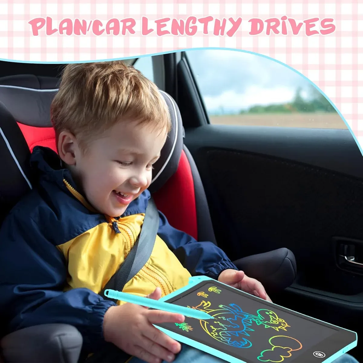 LCD writing tablet for kids keeping a child busy on a long car ride