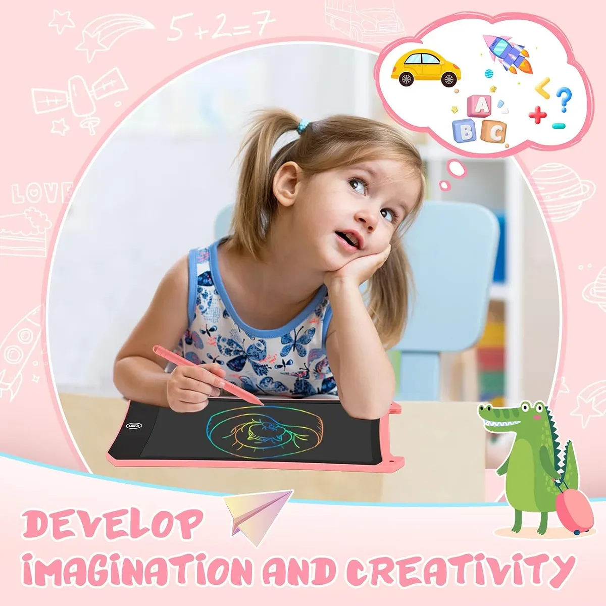 Child drawing a colorful picture on an LCD writing tablet for kids