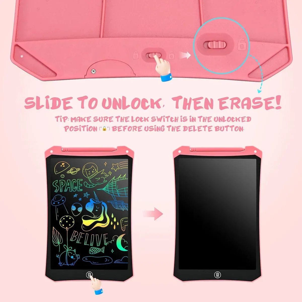Lock switch and one-touch erase button on the LCD writing tablet for kids