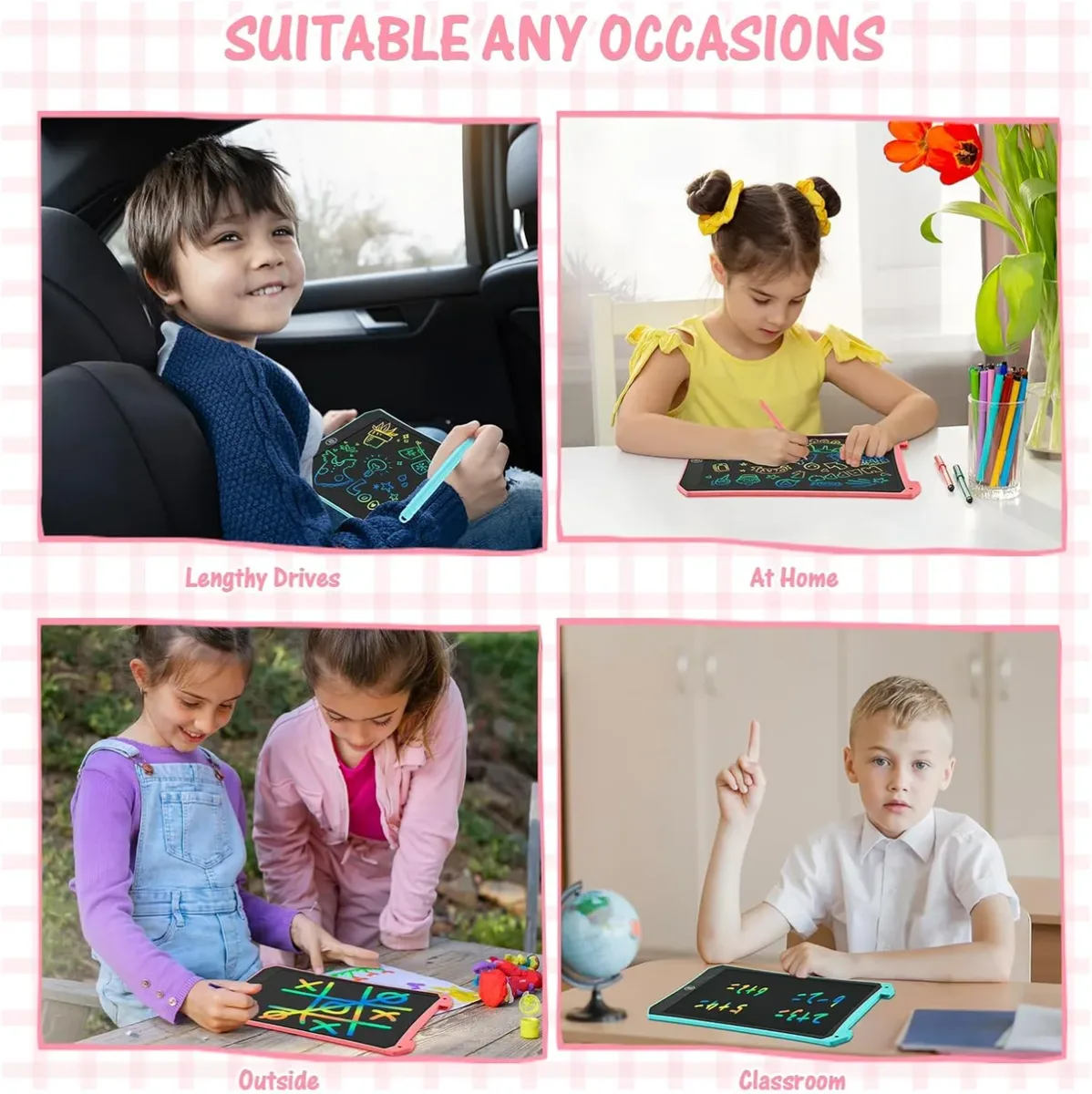 LCD writing tablet for kids at home, in the car and restaurants
