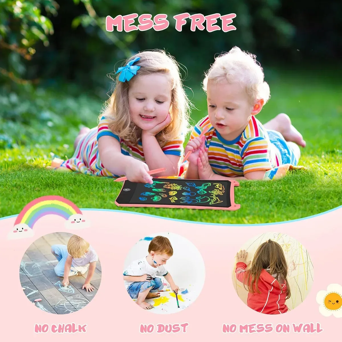 Mess-free LCD writing tablet for kids being used outdoors