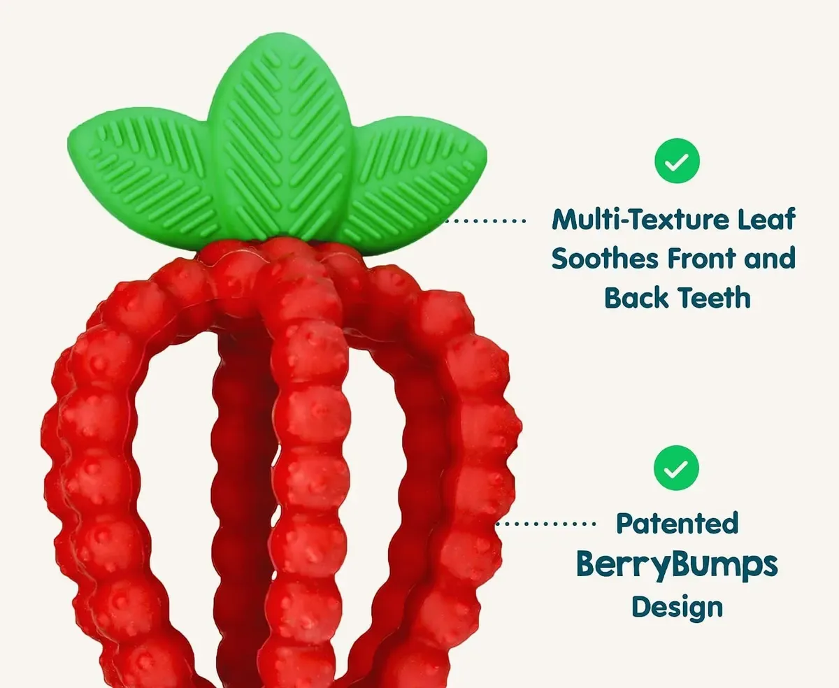 Textured bumps and leaves on the strawberry teether