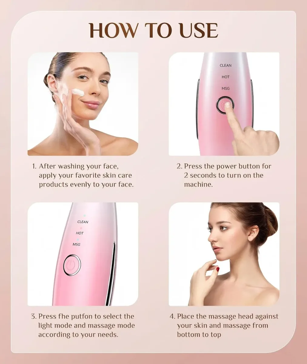 Four steps showing how to use the LED face massager