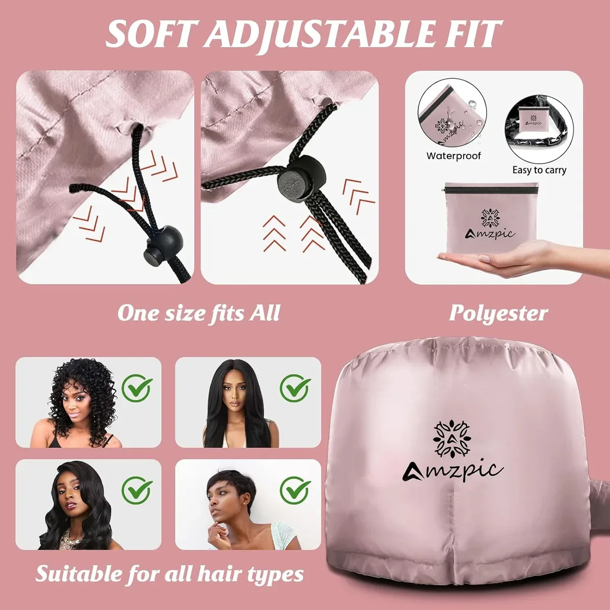 Roomy bonnet hair dryer attachment with adjustable drawstring