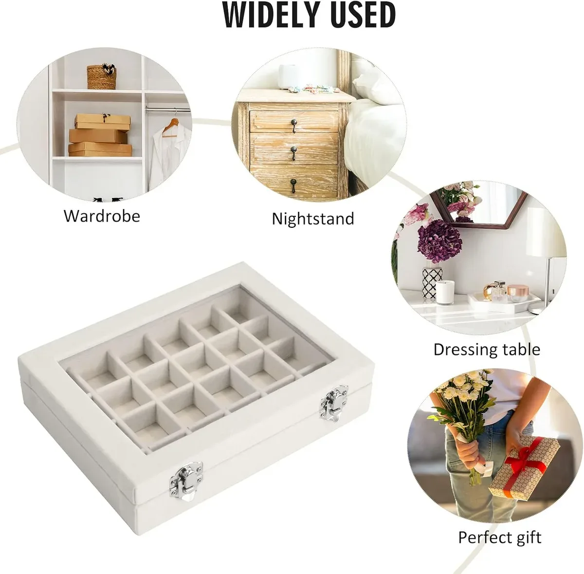 Velvet jewelry box on a dresser, nightstand and vanity