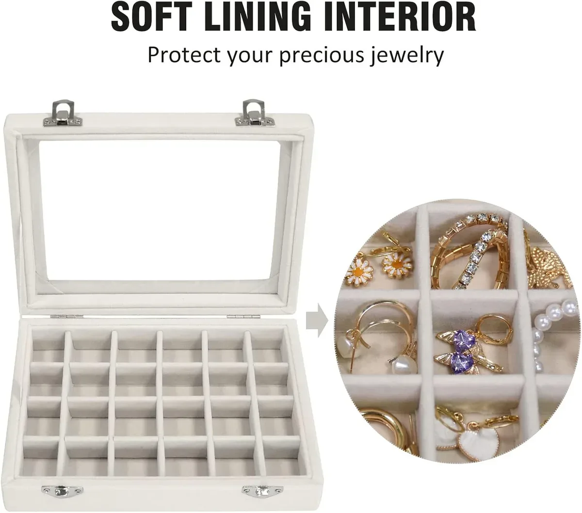 Soft velvet lining inside each grid of the velvet jewelry box